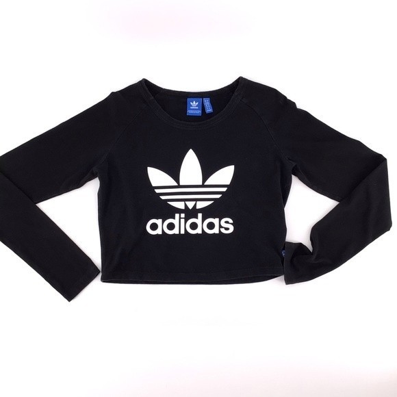 Adidas Women's Black White Long Sleeve Crew Neck Crop Top Size Large - Picture 3 of 12
